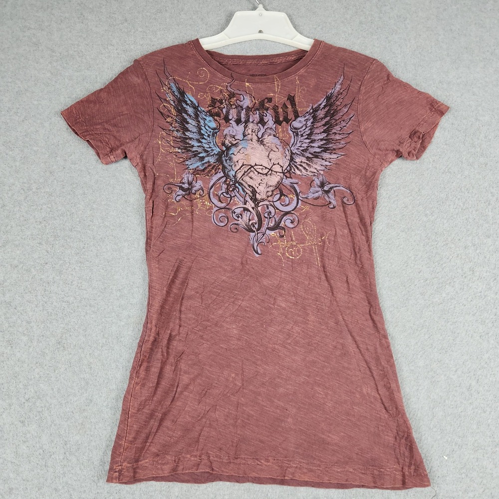 Sinful T Shirt Womens Medium Red Wings Heart Y2K Biker Graphic Print Crew Neck